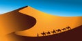 Camel caravan goes through the desert landscape. Vector illustration of Sahara or Namibia desert.