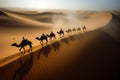 Camel caravan going through the sand dunes in the Sahara Desert. Generative Ai Royalty Free Stock Photo