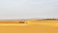 Camel caravan with people going through the sand dunes in the Sahara Desert. Morocco, Africa Royalty Free Stock Photo