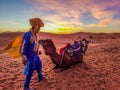 Camel caravan resting on sand dunes of Sahara desert and a man standing in front of camel, wearing traditional, cultural blue cost