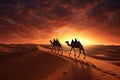 Camel caravan in the Sahara desert at sunset, 3d render, Camel caravan on sand dunes on Arabian desert with Dubai skyline at Royalty Free Stock Photo