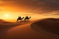 Camel caravan in the Sahara desert at sunset. 3d rendering, Camelcade on sand dune at desert, AI Generated Royalty Free Stock Photo