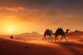 Camel caravan in the Sahara desert at sunset. 3d rendering, Camel caravan on sand dunes in the Arabian desert with the Dubai Royalty Free Stock Photo