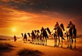 Camel caravan in the Sahara desert at sunset, Morocco, Africa Royalty Free Stock Photo