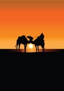Camel caravan in Sahara at sunset