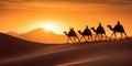 Camel caravan silhouette through the sand dunes in the Sahara Desert, Morocco Royalty Free Stock Photo