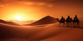 Camel caravan silhouette through the sand dunes in the Sahara Desert, Morocco Royalty Free Stock Photo