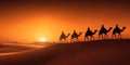 Camel caravan silhouette through the sand dunes in the Sahara Desert, Morocco Royalty Free Stock Photo