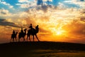 Camel caravan in silhouette at sunset at the Thar desert Jaisalmer, Rajasthan, India Royalty Free Stock Photo
