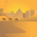 Camel caravan travel in desert with pyramids of Egypt at background Arab building Royalty Free Stock Photo