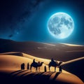 a camel caravan under the light of the full