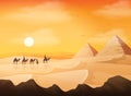 Camel caravan in wild Africa pyramids landscape at sunset background Royalty Free Stock Photo