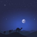 Camel caravan in wild desert mountain nature landscape. Vector illustration Royalty Free Stock Photo