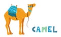 Camel cartoon vector illustration on white. Decorated camel with seat for a ride. Royalty Free Stock Photo