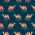 Camel cartoon vector seamless pattern on blue.