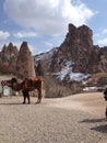 Camel in Cave town, mountain homes houses and rock formations in Zelve Valley, Central Anatolia, Cappadocia Royalty Free Stock Photo