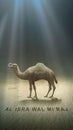 Camel crossing the desert with Isra Miraj text