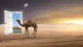 Camel crossing the desert with mosque Royalty Free Stock Photo