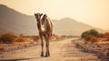 Camel crossing the desert road with arid drought countryside Royalty Free Stock Photo