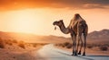 Camel crossing the desert road with arid drought countryside Royalty Free Stock Photo