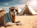 camel in the desert with sunglasses and hat lying next to the tents Royalty Free Stock Photo