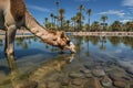 camel drinking water from clear oasis pond, palm trees in background