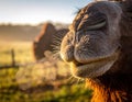 Camel exhaling misty breath in cold light grassy field background blur Royalty Free Stock Photo