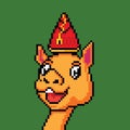 Camel face character wearing a hat in pixel art style on green background