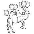 Camel flies on balloons. Sketch scratch board imitation. Black and white.