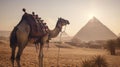 Camel in front of pyramids. Travel Concept. Background with a copy space.