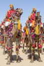 Camel and indian men wearing traditional Rajasthani dress participate in Mr. Desert contest as part of Desert Festival in Jaisalme