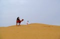 Camel with a man walking on the sand in the desert Royalty Free Stock Photo