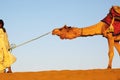 Camel pulled by man on sand dune, Rajahstan Royalty Free Stock Photo