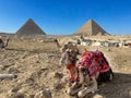 camel rider offering camel transportation to tourists at the pyramides of Gizeh in Cairo