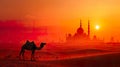 Camel silhouette and mosque in the desert at sunset Royalty Free Stock Photo