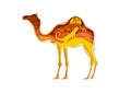 Camel silhouette with Sahara desert landscape, lizard, caravan inside, vector illustration in paper art style.