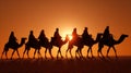 Camel silhouettes emerging from golden haze symbolizing profound epiphany Royalty Free Stock Photo