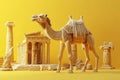 A camel is standing in front of a building with a yellow background with Generative AI Royalty Free Stock Photo