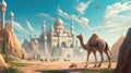 Camel standing on front mosque