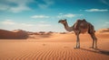 Camel stands against the backdrop of the endless desert