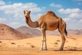 A camel stands in the desert