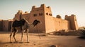 A camel stands in front of a castle in the desert of Morocco