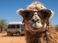 Camel tourist with hat and sunglasses Royalty Free Stock Photo