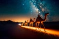 Camel train on the background of the night starry sky Generative AI