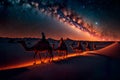 Camel train on the background of the night starry sky Generative AI