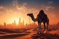 Camel traverses the desert, Dubai skyline blends tradition with modernity