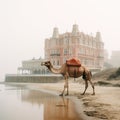 Camel walking on the beach. Generative AI