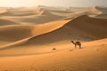 Camel walking through the sahara desert . Travel and Adventure concept. Generative Ai