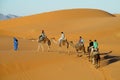 Cameleer with camel caravan in desert