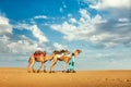 Cameleer camel driver with camels in dunes of Thar